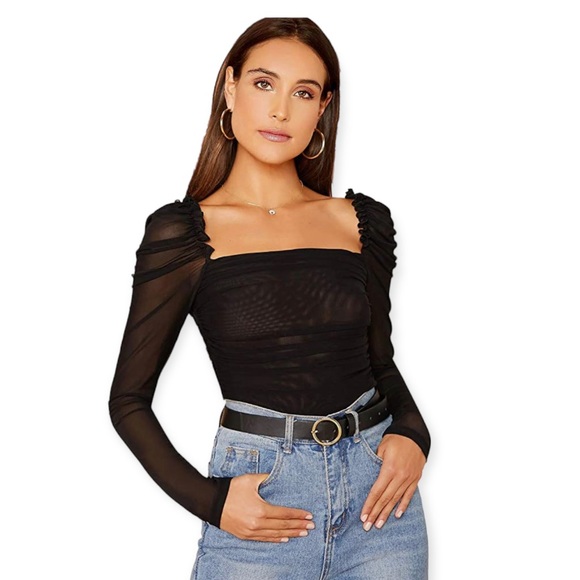 Floerns Tops - Floerns • Mesh Sheer Ruched Tops Square Neck Long Sleeve